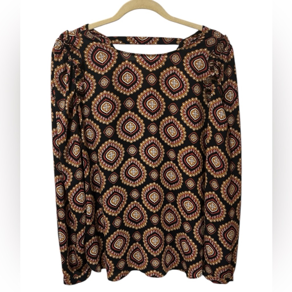 LOFT Black and Tan Graphic Long Sleeve Blouse